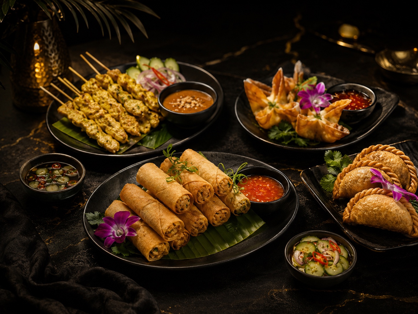 Thai spring rolls, satay and curry puffs for catering