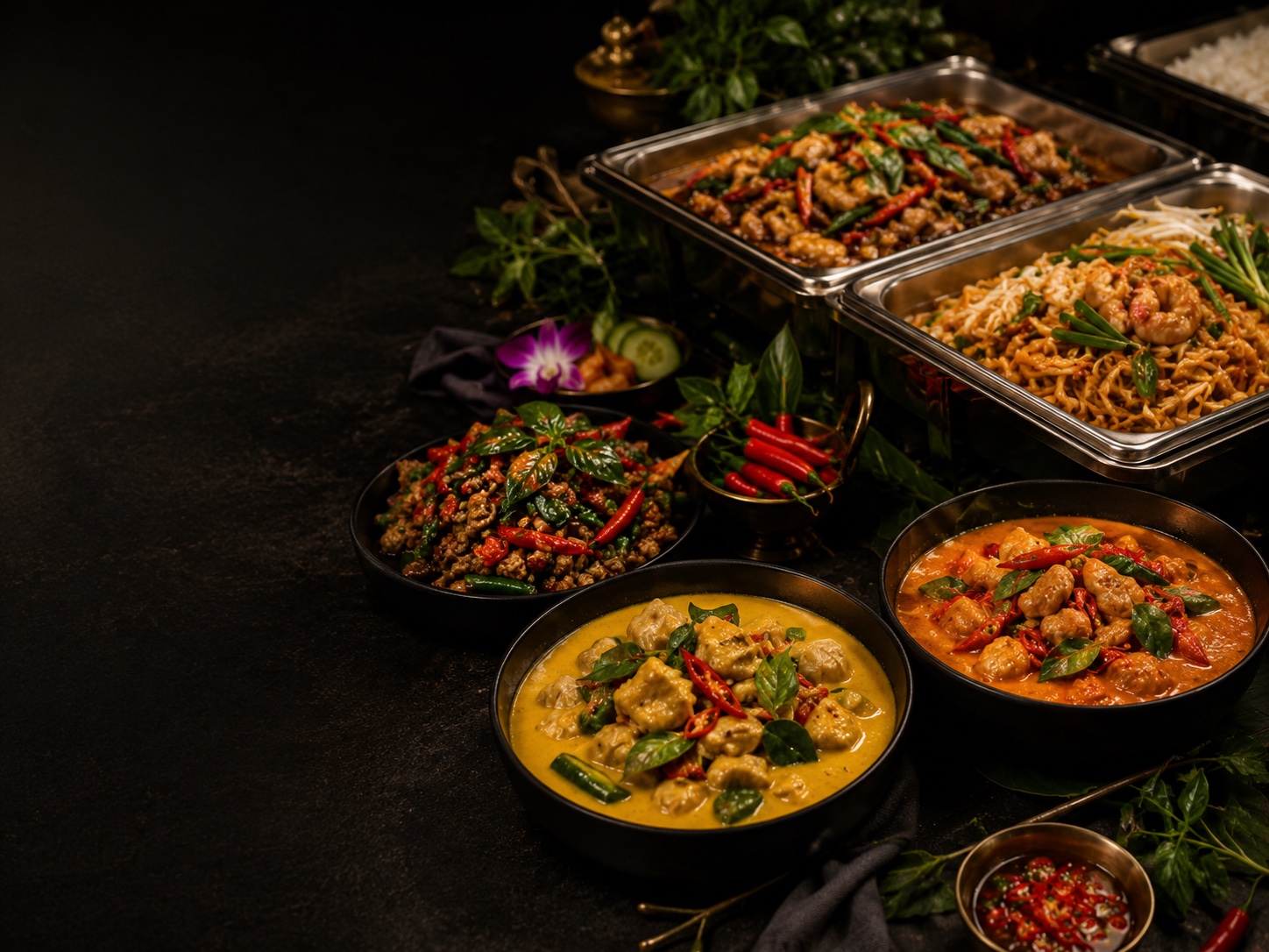 Thai curries and basil entrees prepared for catering