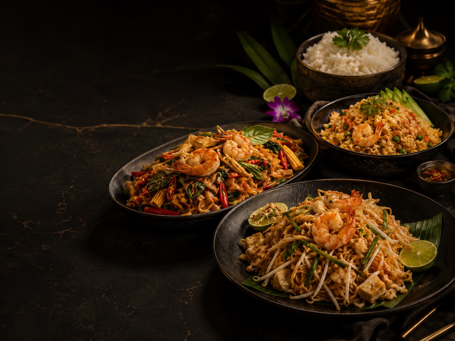 Thai noodles and fried rice prepared for catering