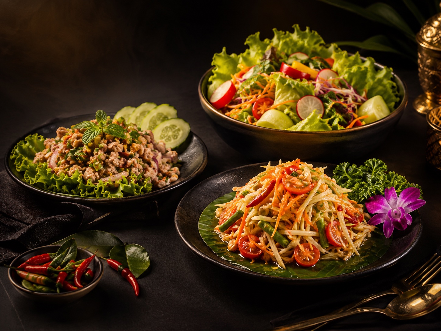 Thai papaya salad, larb and garden salad