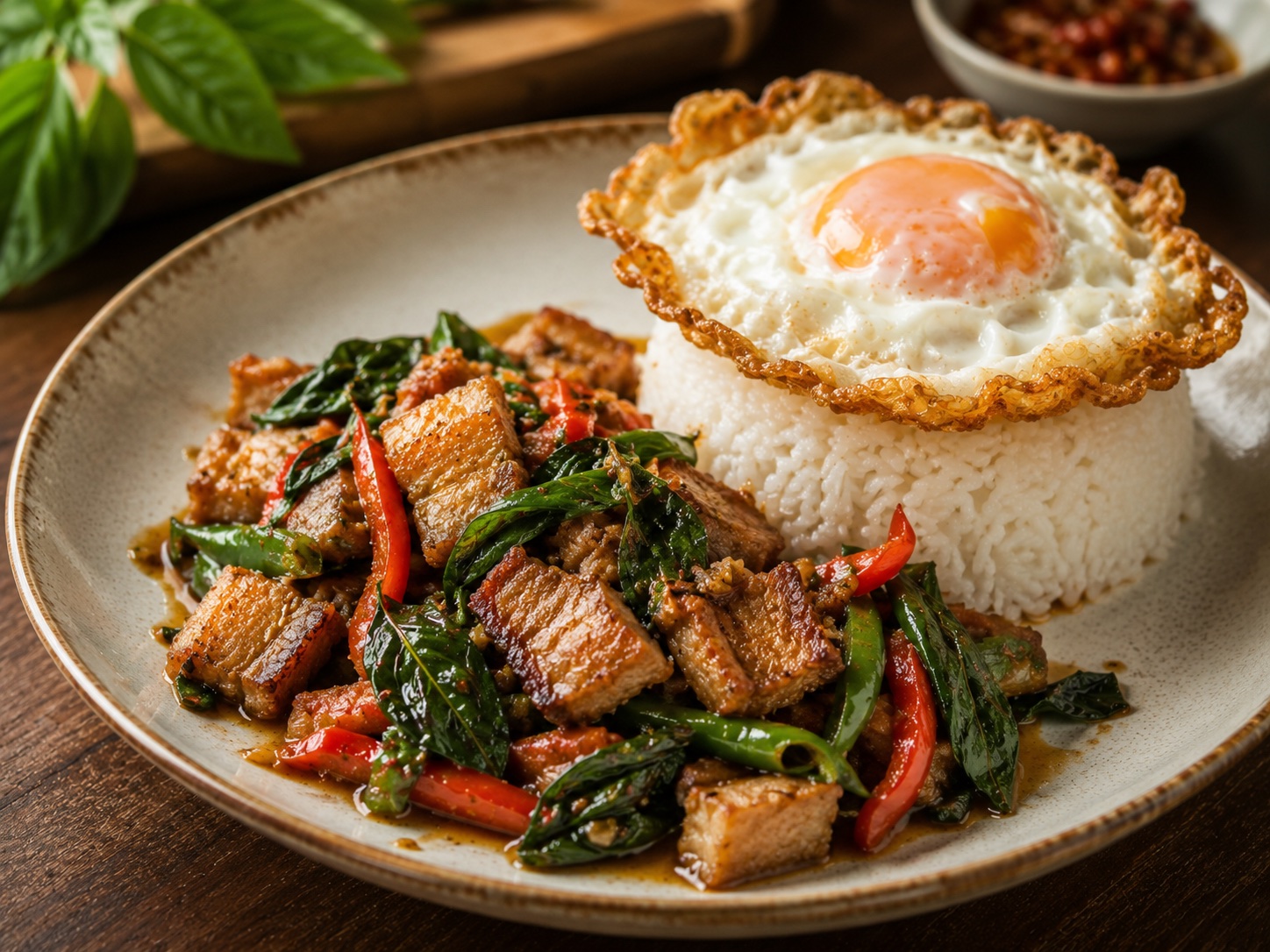 Ka Prow Moo Krob crispy pork belly with holy basil, rice and fried egg