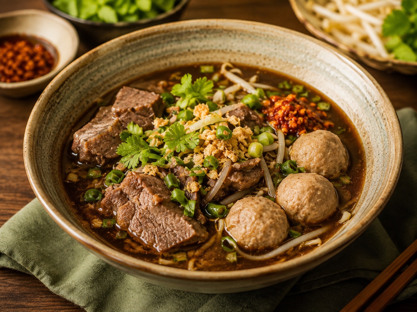 Thai Boat Noodles Soup with beef, meatballs, herbs and bean sprouts